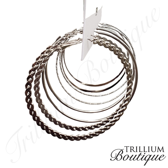 BP 3-Pack Hoop Earrings Silver Jewelry 2" Drop High Shine Finish - Picture 2 of 3